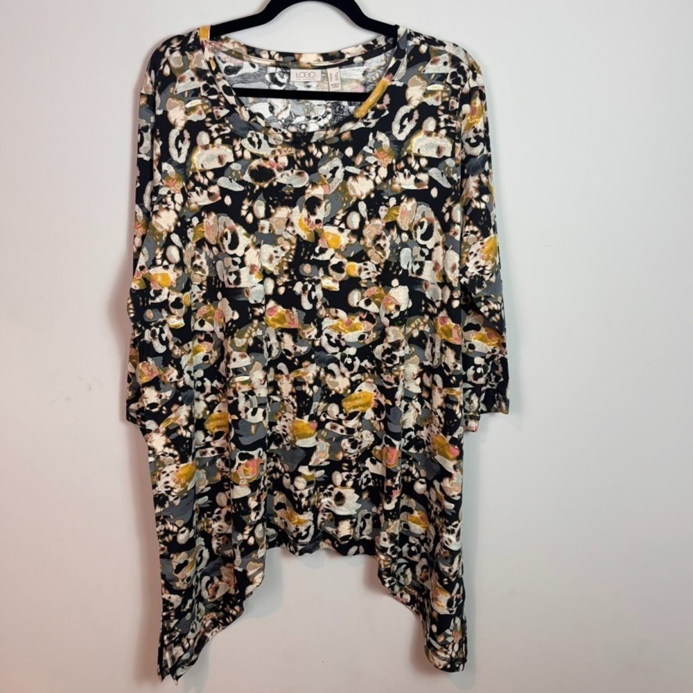LOGO Lori Goldstein Womens Floral Cotton Shark hem Tunic 3/4 Sleeve Blouse sz 1X